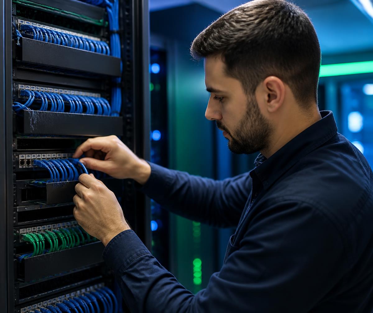 Ingeniero de redes instalando cableado estructurado en un gabinete de comunicaciones